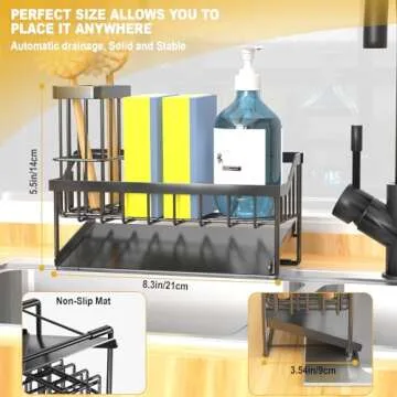 Vanwood Kitchen Sink Caddy Sponge Holder for Kitchen Sink with Brush Holder, Kitchen Sink Cocina Organizer and Storage Dish Soap Sponge Caddy with Auto Stainless Steel Draining Tray for Counter