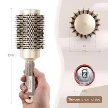 AIMIKE Round Hair Brush, Nano Thermal Ceramic & Ionic Tech, 2.1 Inch Barrel with Boar Bristles for Enhanced Texture, Golden, Hair Drying, Styling, Curling and Shine + 4 Free Clips