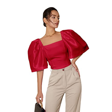 Floerns Women's Square Neck Puff Short Sleeve Elegant Blouse Crop Top