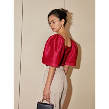 Floerns Elegant Square Neck Puff Sleeve Blouse in Rose Red