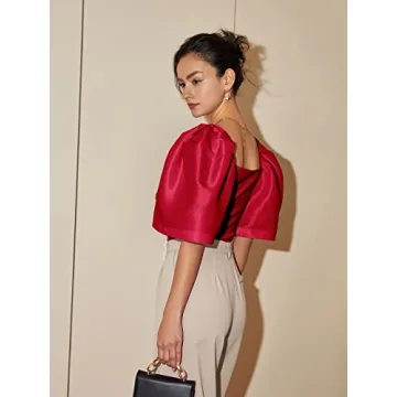 Floerns Elegant Square Neck Puff Sleeve Blouse in Rose Red