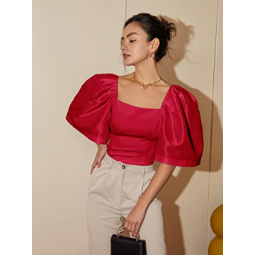 Floerns Elegant Square Neck Puff Sleeve Blouse in Rose Red
