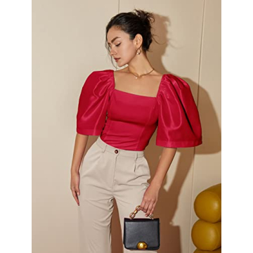 Floerns Elegant Square Neck Puff Sleeve Blouse in Rose Red