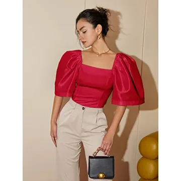 Floerns Elegant Square Neck Puff Sleeve Blouse in Rose Red