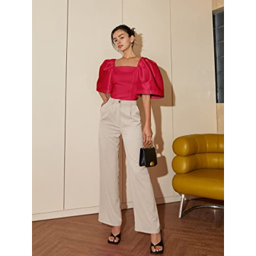 Floerns Elegant Square Neck Puff Sleeve Blouse in Rose Red