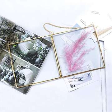 NCYP Double Glass Floating Frame 8" x 8" for Pressed Dried Flowers, Photo, Picture - Modern Indoor Wall Hanging Vertical Decor, Plant Specimen Clip, Gold, Handmade, Glass Frame Only