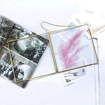 NCYP Double Glass Floating Frame 8" x 8" for Pressed Dried Flowers, Photo, Picture - Modern Indoor Wall Hanging Vertical Decor, Plant Specimen Clip, Gold, Handmade, Glass Frame Only