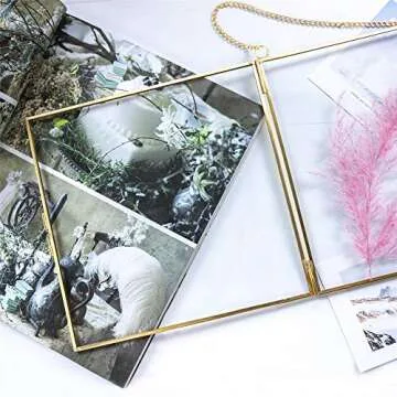 NCYP Double Glass Floating Frame 8" x 8" for Pressed Dried Flowers, Photo, Picture - Modern Indoor Wall Hanging Vertical Decor, Plant Specimen Clip, Gold, Handmade, Glass Frame Only