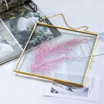 NCYP Double Glass Floating Frame 8" x 8" for Pressed Dried Flowers, Photo, Picture - Modern Indoor Wall Hanging Vertical Decor, Plant Specimen Clip, Gold, Handmade, Glass Frame Only