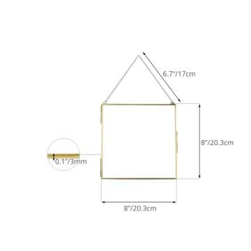 NCYP Double Glass Floating Frame 8" x 8" for Pressed Dried Flowers, Photo, Picture - Modern Indoor Wall Hanging Vertical Decor, Plant Specimen Clip, Gold, Handmade, Glass Frame Only