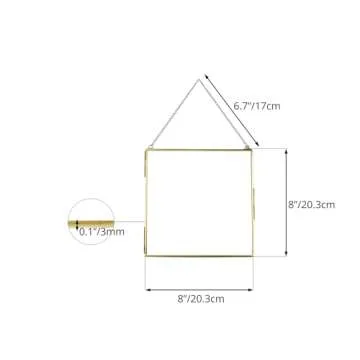 NCYP Double Glass Floating Frame 8" x 8" for Pressed Dried Flowers, Photo, Picture - Modern Indoor Wall Hanging Vertical Decor, Plant Specimen Clip, Gold, Handmade, Glass Frame Only