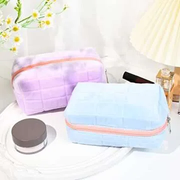 SOIDRAM 2 Pieces Makeup Bag Cute Cosmetic Bag Plush Blue Purple Makeup Pouch Travel Toiletry Bag Organizer Makeup Brushes Storage Bag for Women