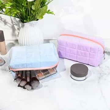 SOIDRAM 2 Pieces Makeup Bag Cute Cosmetic Bag Plush Blue Purple Makeup Pouch Travel Toiletry Bag Organizer Makeup Brushes Storage Bag for Women