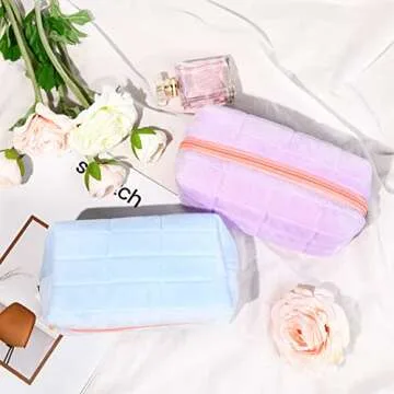 SOIDRAM 2 Pieces Makeup Bag Cute Cosmetic Bag Plush Blue Purple Makeup Pouch Travel Toiletry Bag Organizer Makeup Brushes Storage Bag for Women