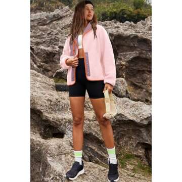 Nirovien Womens Fuzzy Fleece Jacket Colorblock Sherpa Coats Shawl Collar Button Down Warm Outwear with Pockets(Light Pink Dark,S)