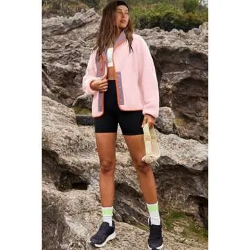 Nirovien Womens Fuzzy Fleece Jacket Colorblock Sherpa Coats Shawl Collar Button Down Warm Outwear with Pockets(Light Pink Dark,S)