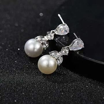 SWEETV Cubic Zirconia Pearl Drop Wedding Earrings for Brides, Ivory Camellia Bridal Pearl Earrings for Bridesmaid Jewelry Gift