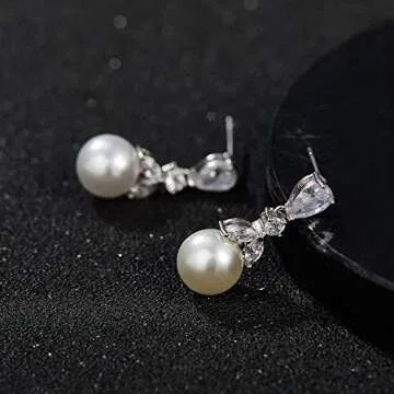 SWEETV Cubic Zirconia Pearl Drop Wedding Earrings for Brides, Ivory Camellia Bridal Pearl Earrings for Bridesmaid Jewelry Gift