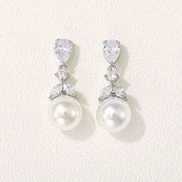 SWEETV Cubic Zirconia Pearl Drop Wedding Earrings for Brides, Ivory Camellia Bridal Pearl Earrings for Bridesmaid Jewelry Gift