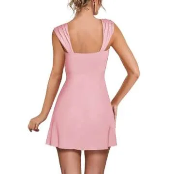 Aisbei Women's Casual Y2K Square Neck Dress Sleeveless Ruched Ruffle A Line Flowy Dress Graduation Party Club Mini Dresses-Pink M