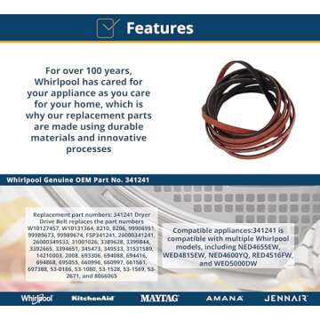 Whirlpool 341241 Dryer Drum Belt, White