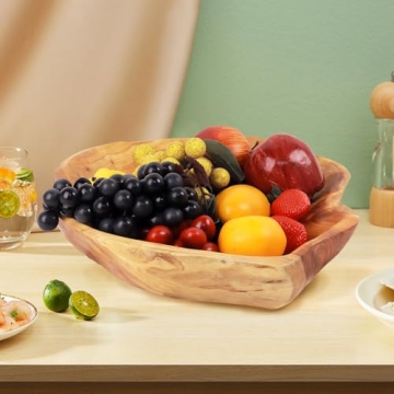 OUEEGER Wood Bowl(12"-14"), Handmade Natural Root Carved Wood Fruit Bowl, Wooden Decorative Bowls Serving for Fruit Salad Snack