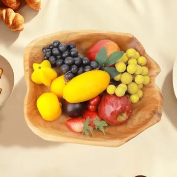 OUEEGER Wood Bowl(12"-14"), Handmade Natural Root Carved Wood Fruit Bowl, Wooden Decorative Bowls Serving for Fruit Salad Snack