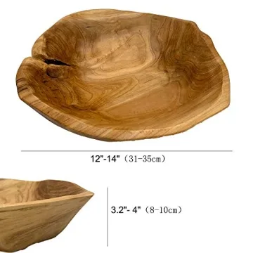 OUEEGER Wood Bowl(12"-14"), Handmade Natural Root Carved Wood Fruit Bowl, Wooden Decorative Bowls Serving for Fruit Salad Snack