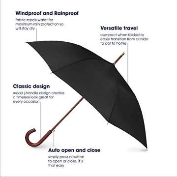 Totes Auto Open Wooden Handle J Stick Umbrella - Black