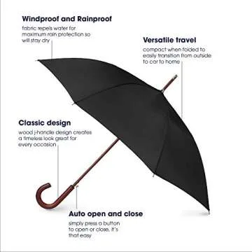 Totes Auto Open Wooden Handle J Stick Umbrella - Black