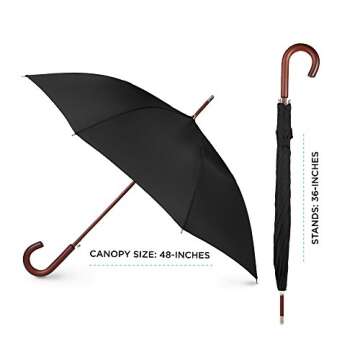 Totes Auto Open Wooden Handle J Stick Umbrella - Black