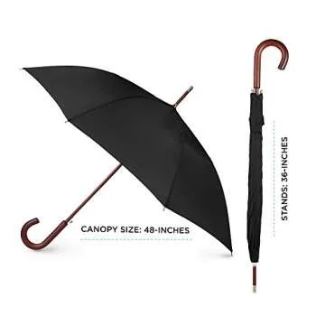 Totes Auto Open Wooden Handle J Stick Umbrella - Black