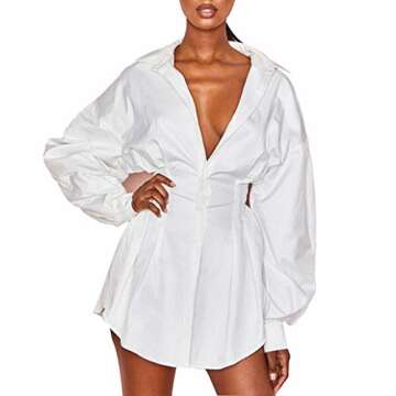 Fashion Sexy Women's Long Sleeve Collar Button Down Short Shirt Dress Casual Work Slim-Fit Tunic Top...
