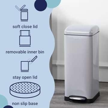 happimess HPM1007C Betty Retro 8-Gallon Step-Open Trash Can with Soft-Close Lid, Fingerprint Resistant, Modern, Minimalistic for Home, Kitchen, Laundry Room, Office, Bedroom, Bathroom, Gray