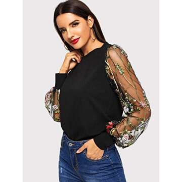 Embroidered Floral Mesh Sleeve Casual Blouse for Women