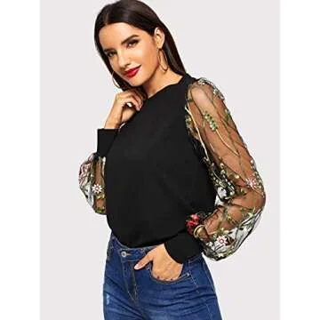 Embroidered Floral Mesh Sleeve Casual Blouse for Women