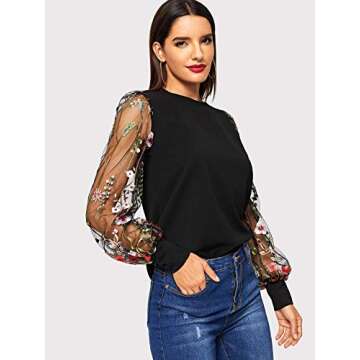 Embroidered Floral Mesh Sleeve Casual Blouse for Women