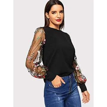 Embroidered Floral Mesh Sleeve Casual Blouse for Women