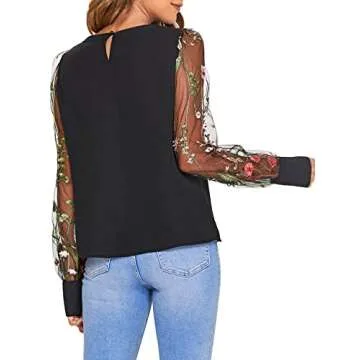 Embroidered Floral Mesh Sleeve Casual Blouse for Women