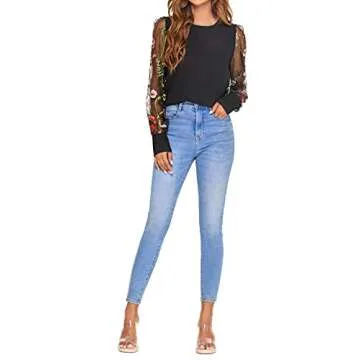 Embroidered Floral Mesh Sleeve Casual Blouse for Women
