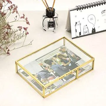 Hipiwe Gold Glass Photo Box - Vintage Photo Storage Organizer, Trinket Box Jewelry Display Organizer...