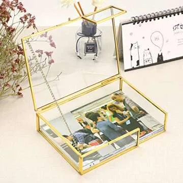 Hipiwe Gold Glass Photo Box - Vintage Photo Storage Organizer, Trinket Box Jewelry Display Organizer Photo Keepsake Box Case Home Decor (Medium)