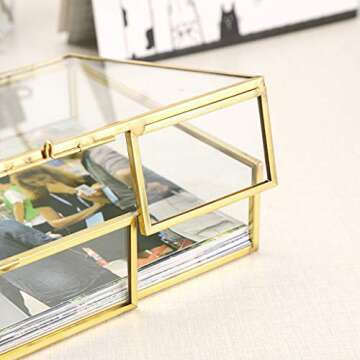 Hipiwe Gold Glass Photo Box - Vintage Photo Storage Organizer, Trinket Box Jewelry Display Organizer Photo Keepsake Box Case Home Decor (Medium)