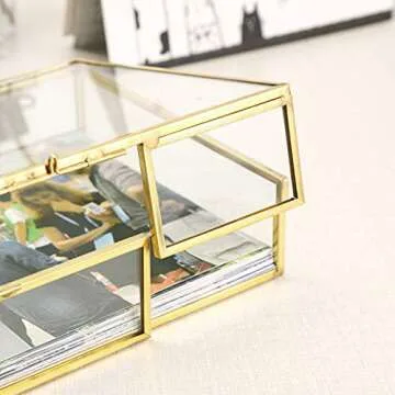 Hipiwe Gold Glass Photo Box - Vintage Photo Storage Organizer, Trinket Box Jewelry Display Organizer Photo Keepsake Box Case Home Decor (Medium)
