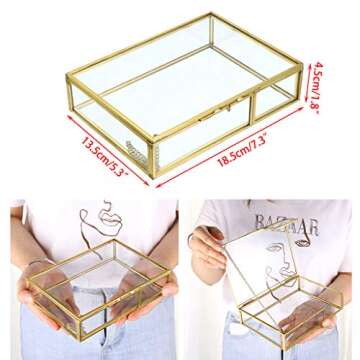 Hipiwe Gold Glass Photo Box - Vintage Photo Storage Organizer, Trinket Box Jewelry Display Organizer Photo Keepsake Box Case Home Decor (Medium)