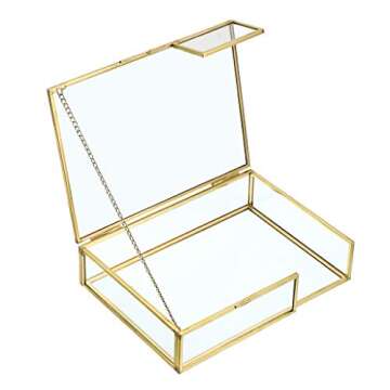 Hipiwe Gold Glass Photo Box - Vintage Photo Storage Organizer, Trinket Box Jewelry Display Organizer Photo Keepsake Box Case Home Decor (Medium)