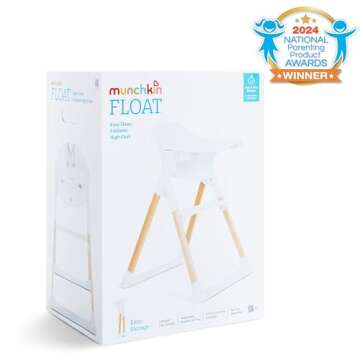 Munchkin Float Baby High Chair, Foldable and Easy to Clean, for Babies and Toddlers, White with Wooden Legs
