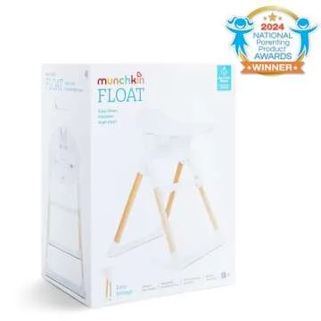 Munchkin Float Baby High Chair, Foldable and Easy to Clean, for Babies and Toddlers, White with Wooden Legs