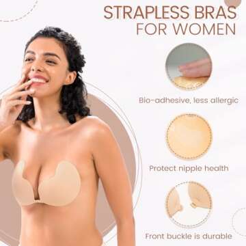 Sticky Bra Backless Adhesive Strapless Invisible Push Up Stick on Bras for Women Dresses 2 Pair Reusable Nipple Cover
