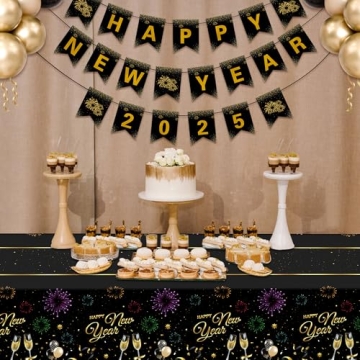New Year Decorations 2025,Happy New Year Banner with Shiny Letters, 2025 New Year Eve Party Supplies, Premium Black and Gold Party Decorations for New Year Holiday Indoor Outdoor